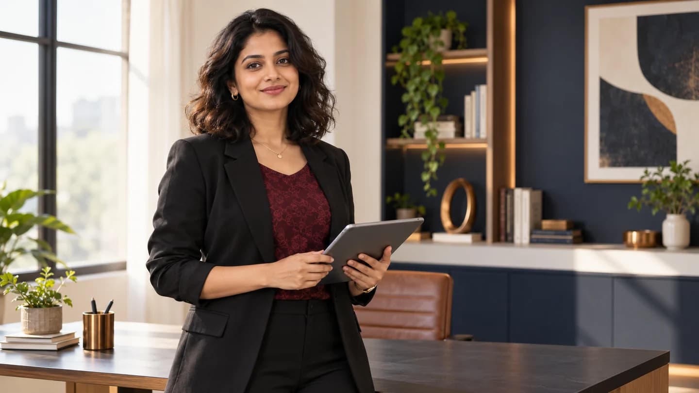 AI-generated illustrative trainer holding a tablet in an office