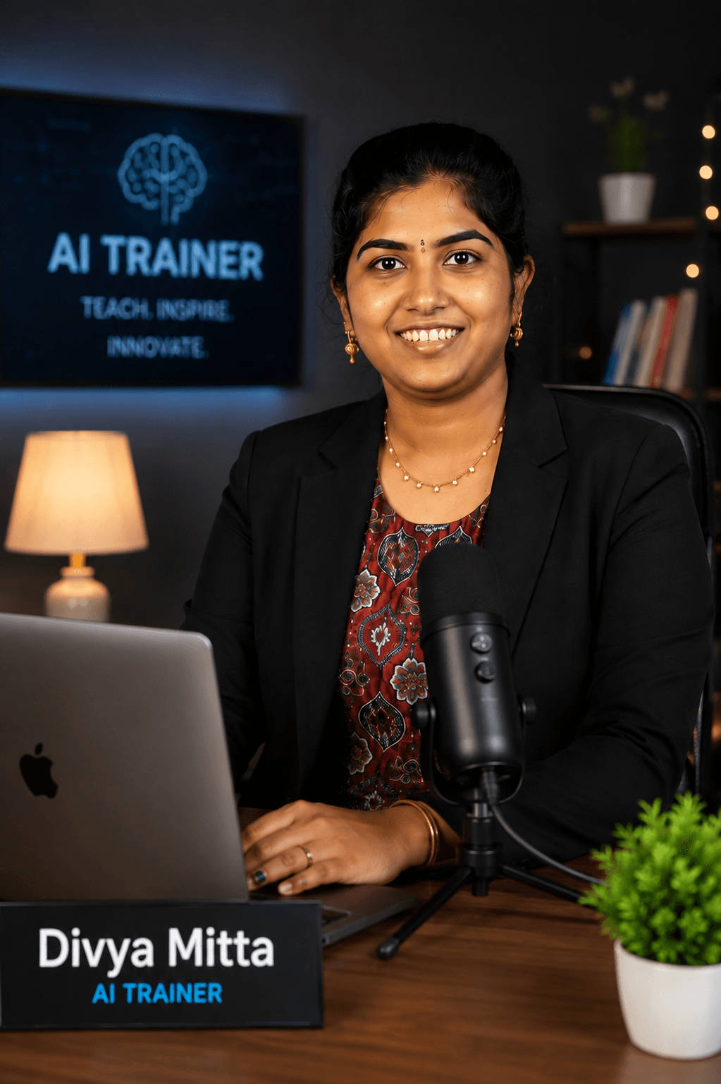 Client-supplied portrait of Divya Mitta at her desk